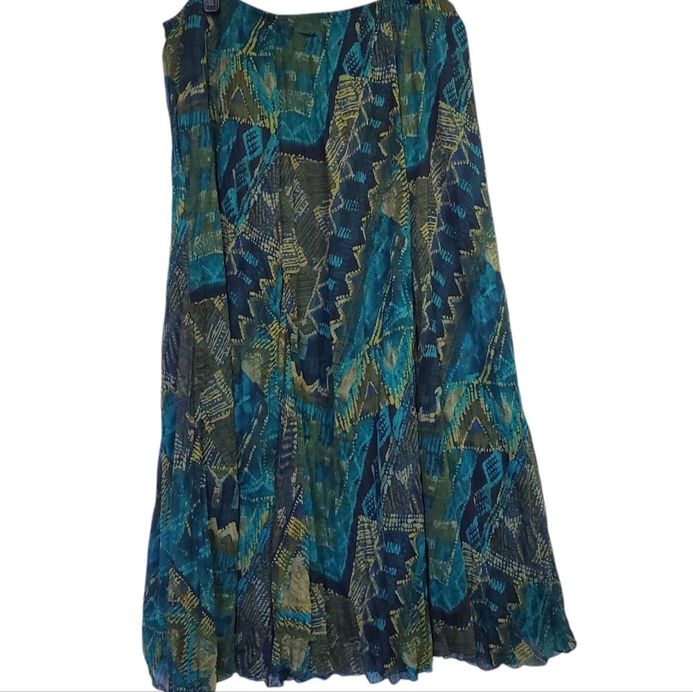 Ruby Road Women's Pleated Green and Blue Patterned Skirt